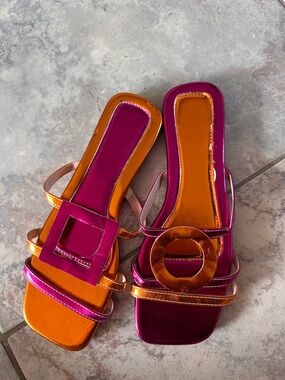 Metallic Fuchsia and Orange Strappy Slide Sandals - Women
